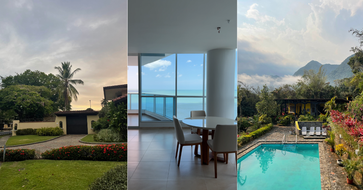 A side-by-side mix of Panama housing types — a city tower, a beach house, and a mountain home — showing the range of property lifestyles on offer