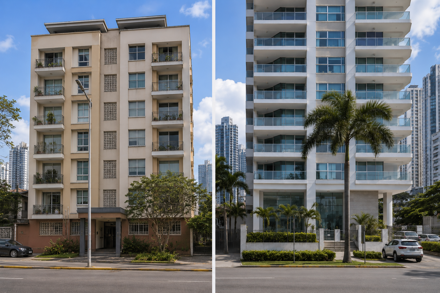 Two apartment buildings of different ages side by side in Panama City, showing how building age drives rent differences within a single block