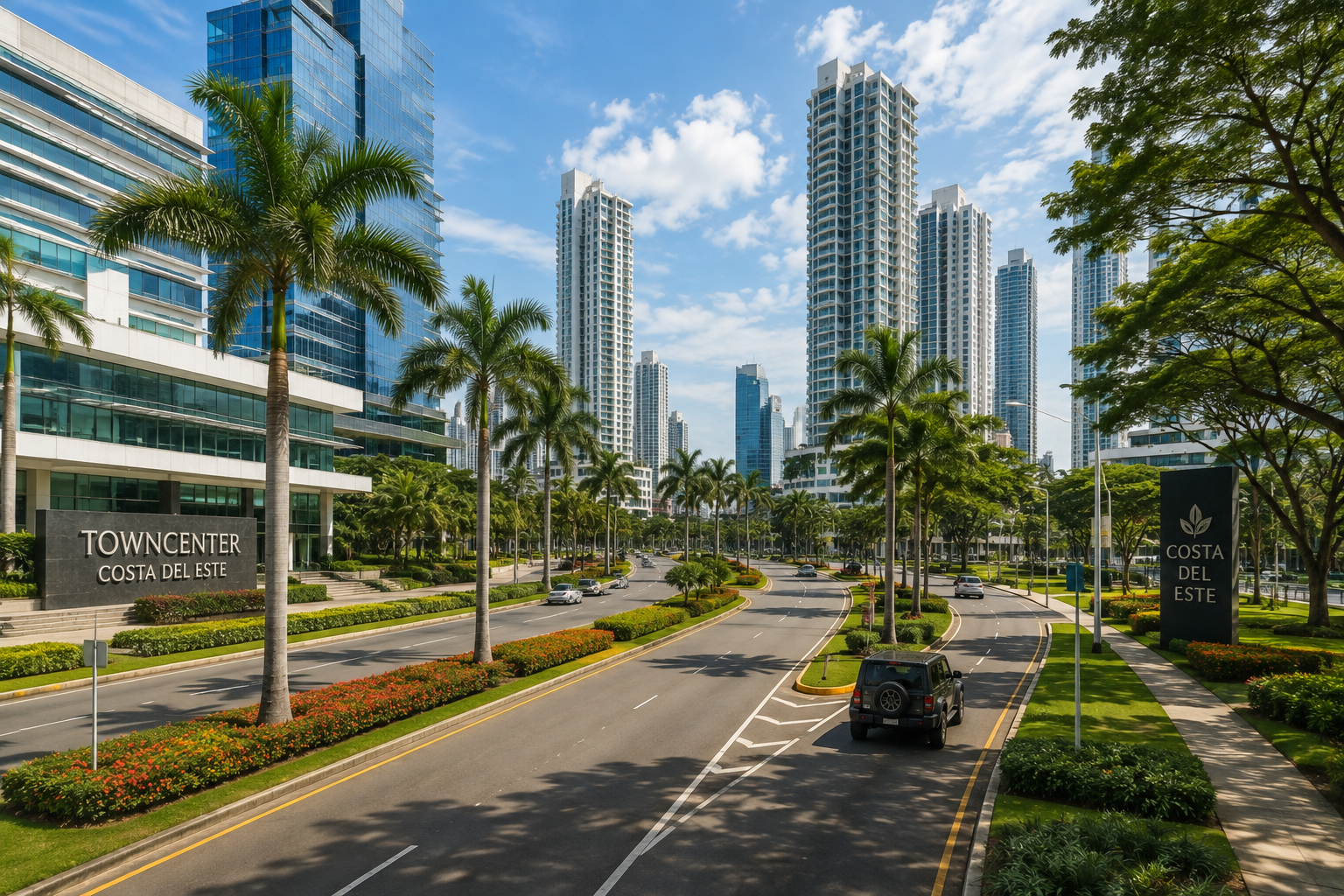 Wide, landscaped boulevards in Costa del Este, a planned community with a suburban, structured feel on Panama City's eastern edge